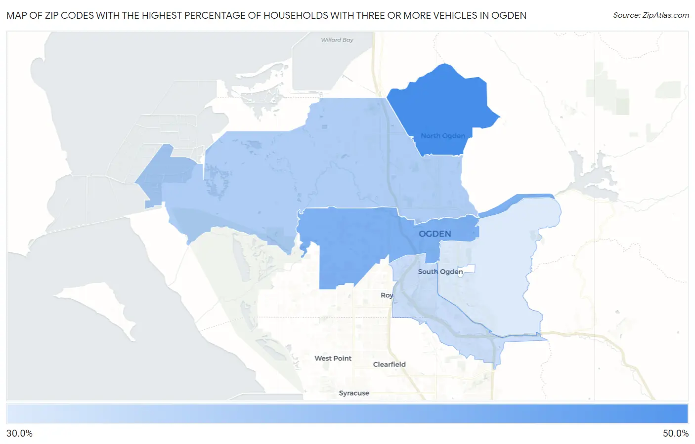 Zip Codes with the Highest Percentage of Households With Three or more Vehicles in Ogden Map