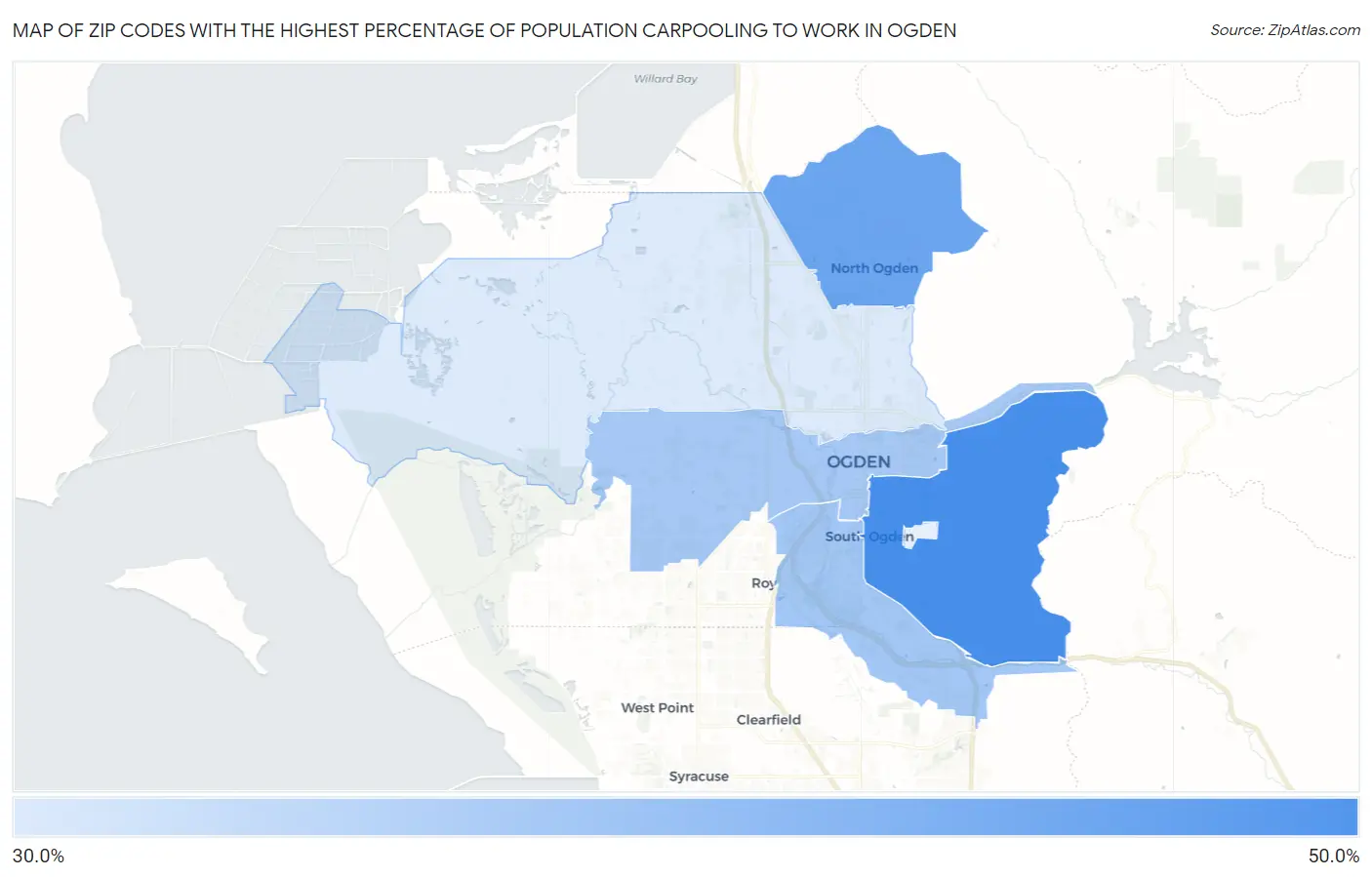 Zip Codes with the Highest Percentage of Population Carpooling to Work in Ogden Map