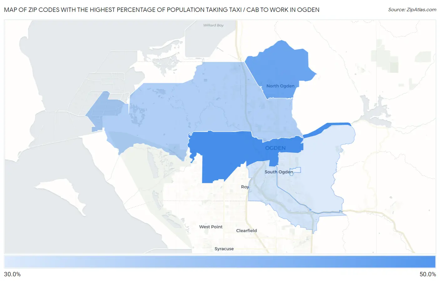 Zip Codes with the Highest Percentage of Population Taking Taxi / Cab to Work in Ogden Map
