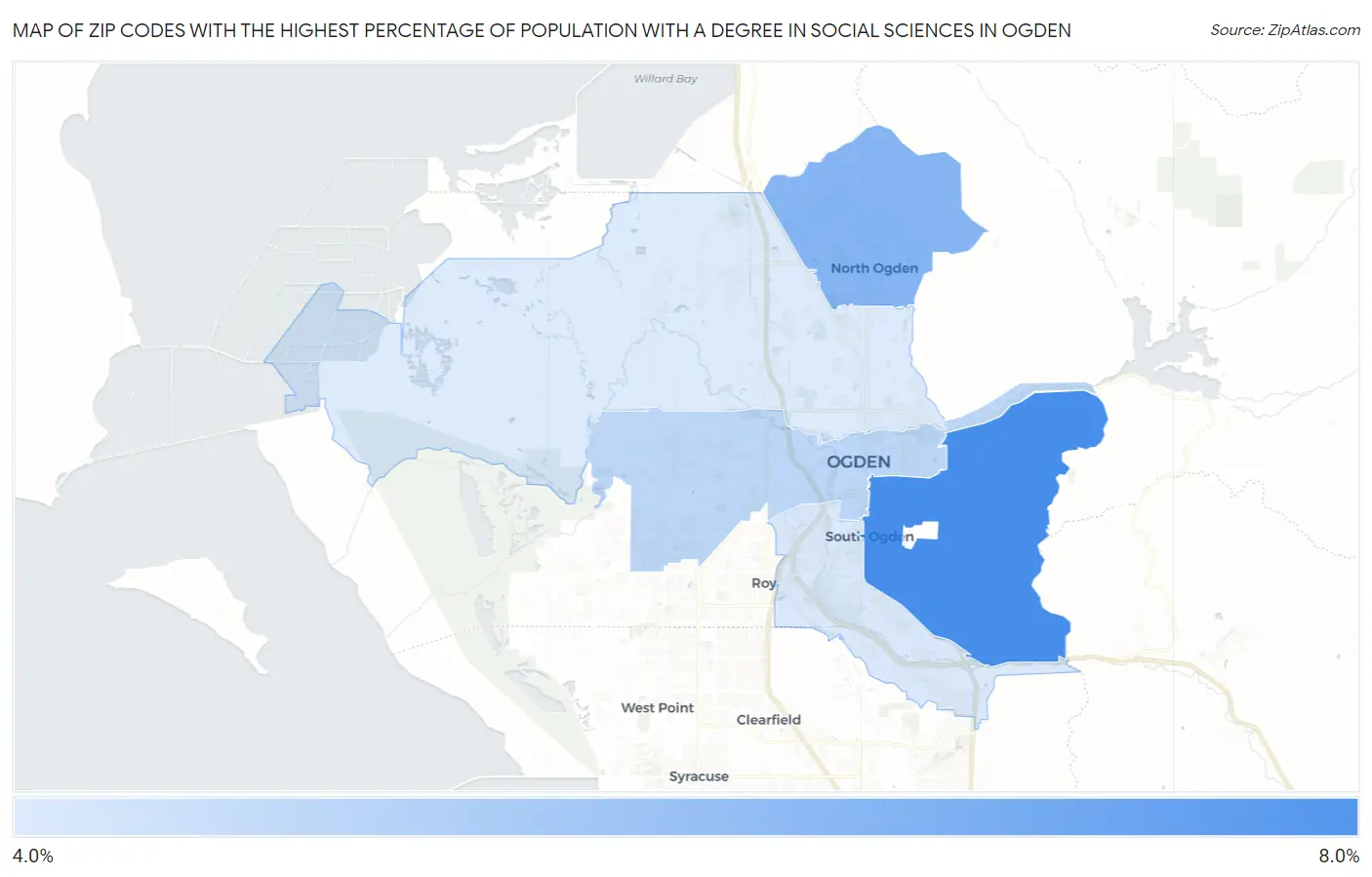 Zip Codes with the Highest Percentage of Population with a Degree in Social Sciences in Ogden Map
