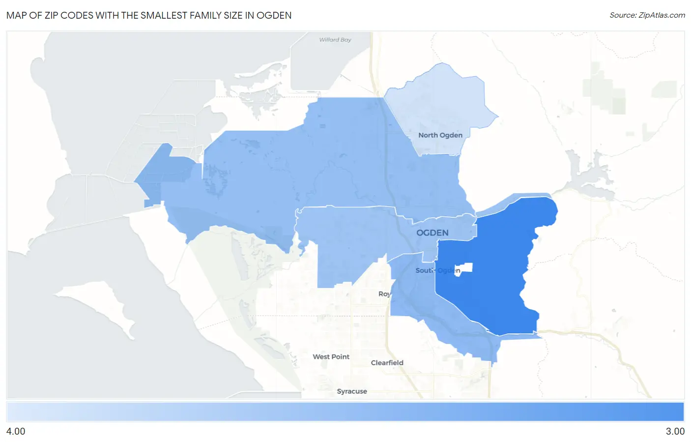 Zip Codes with the Smallest Family Size in Ogden Map