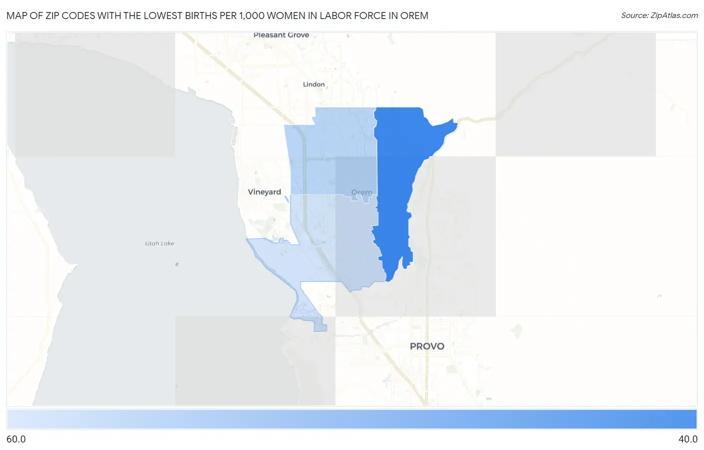 Zip Codes with the Lowest Births per 1,000 Women in Labor Force in Orem Map