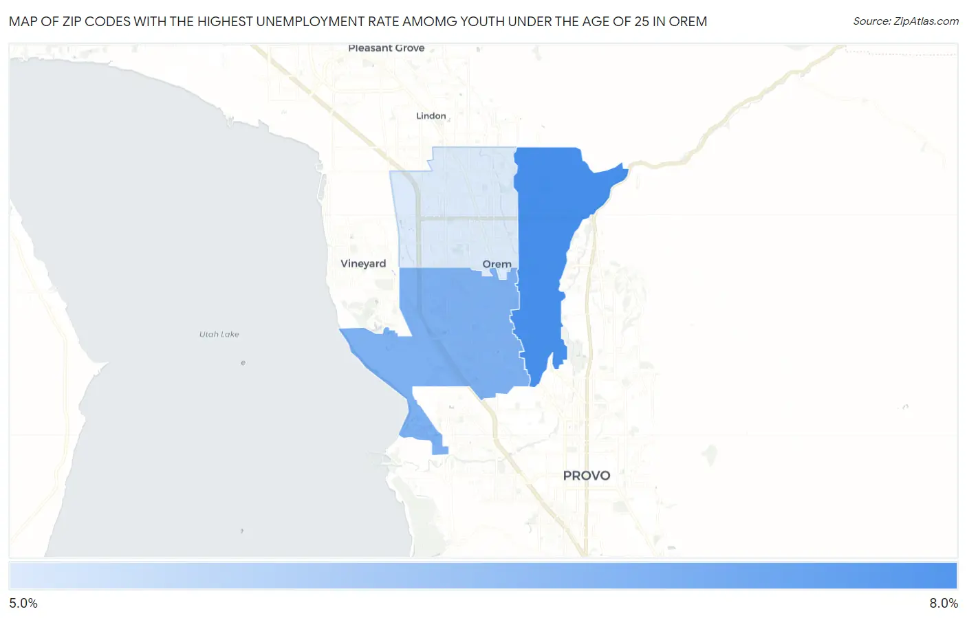 Zip Codes with the Highest Unemployment Rate Amomg Youth Under the Age of 25 in Orem Map