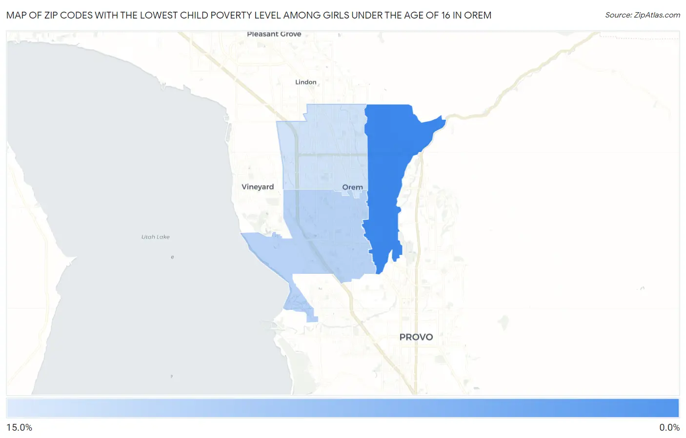 Zip Codes with the Lowest Child Poverty Level Among Girls Under the Age of 16 in Orem Map