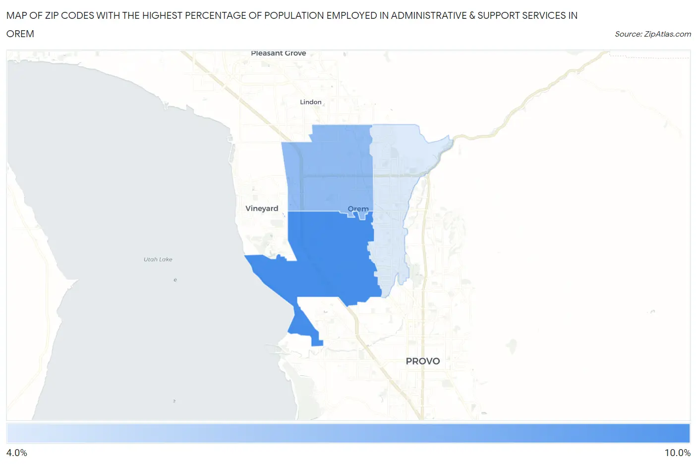 Zip Codes with the Highest Percentage of Population Employed in Administrative & Support Services in Orem Map