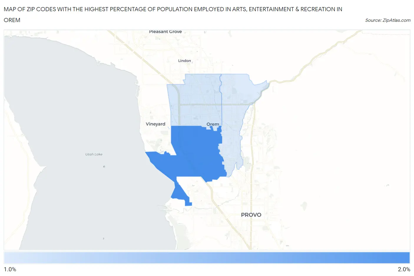 Zip Codes with the Highest Percentage of Population Employed in Arts, Entertainment & Recreation in Orem Map