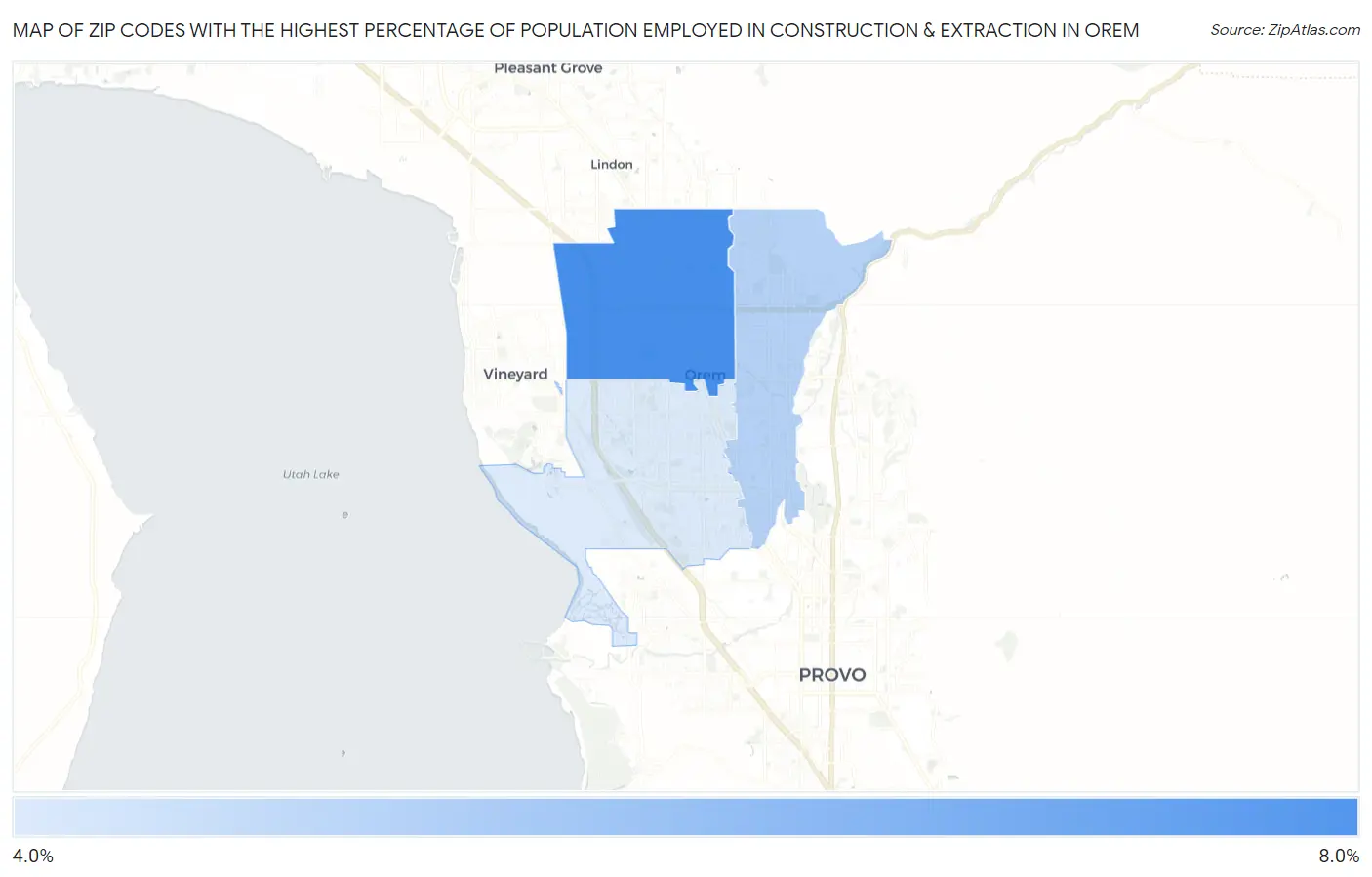 Zip Codes with the Highest Percentage of Population Employed in Construction & Extraction in Orem Map