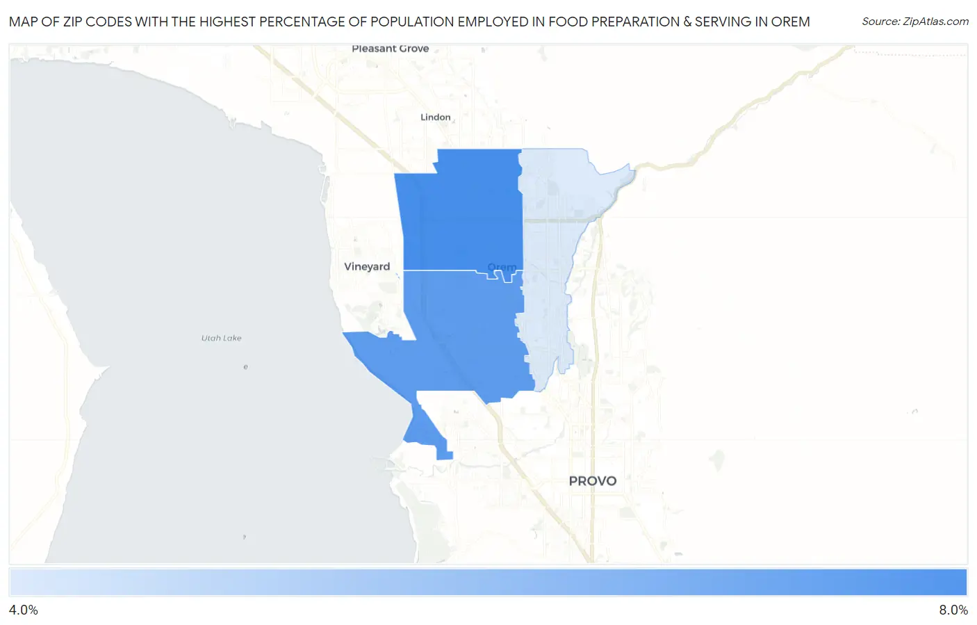 Zip Codes with the Highest Percentage of Population Employed in Food Preparation & Serving in Orem Map