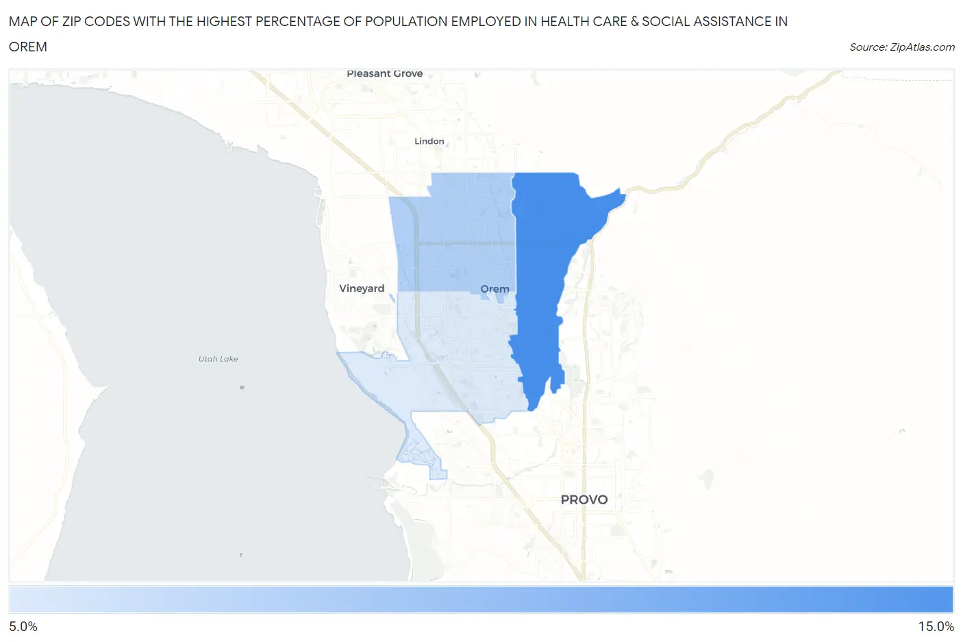Zip Codes with the Highest Percentage of Population Employed in Health Care & Social Assistance in Orem Map
