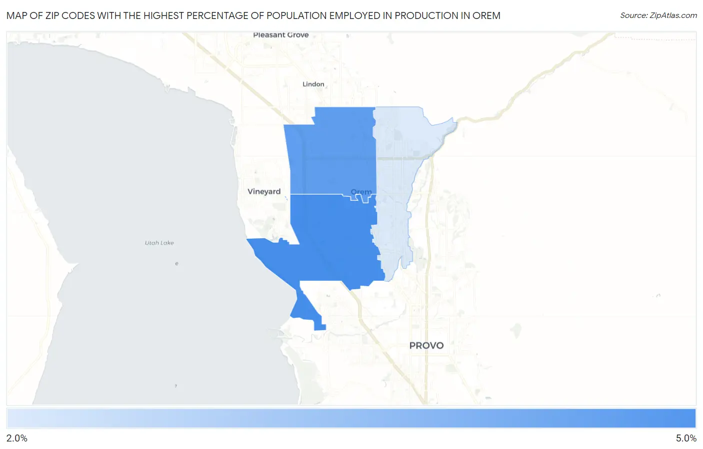 Zip Codes with the Highest Percentage of Population Employed in Production in Orem Map