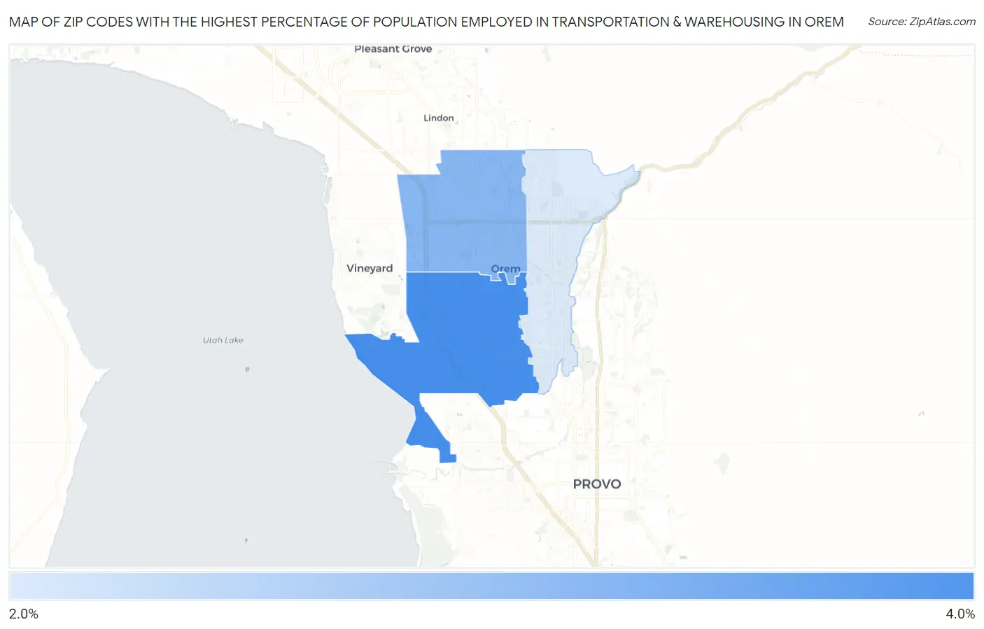 Zip Codes with the Highest Percentage of Population Employed in Transportation & Warehousing in Orem Map