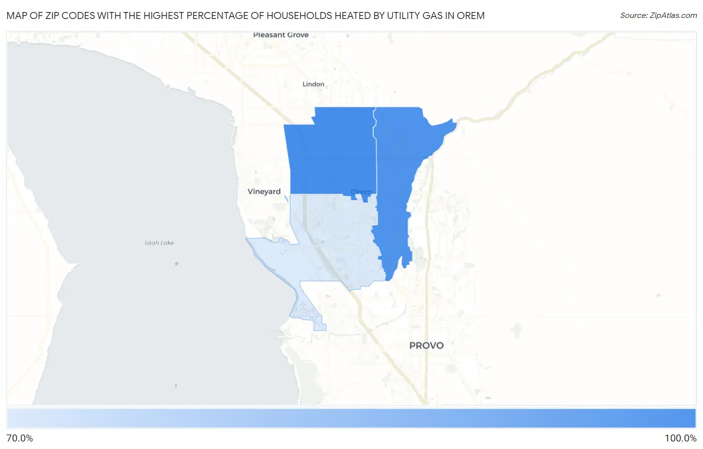 Zip Codes with the Highest Percentage of Households Heated by Utility Gas in Orem Map