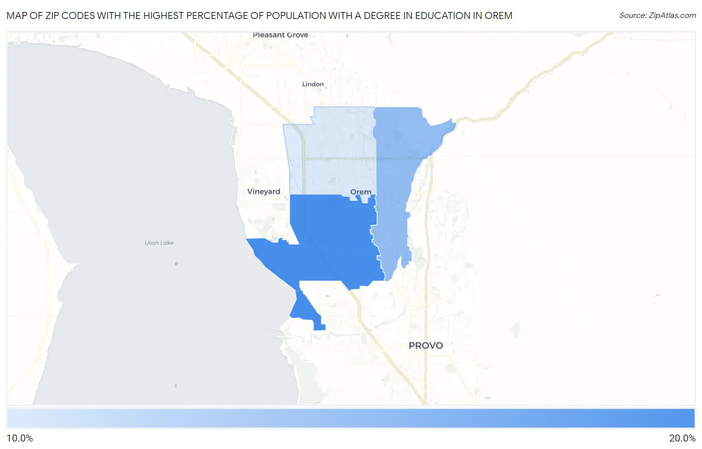 Zip Codes with the Highest Percentage of Population with a Degree in Education in Orem Map