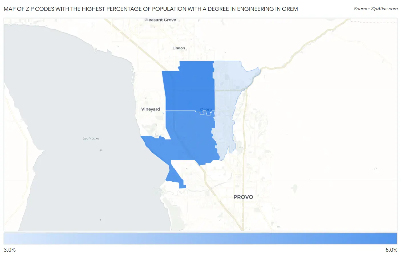 Zip Codes with the Highest Percentage of Population with a Degree in Engineering in Orem Map