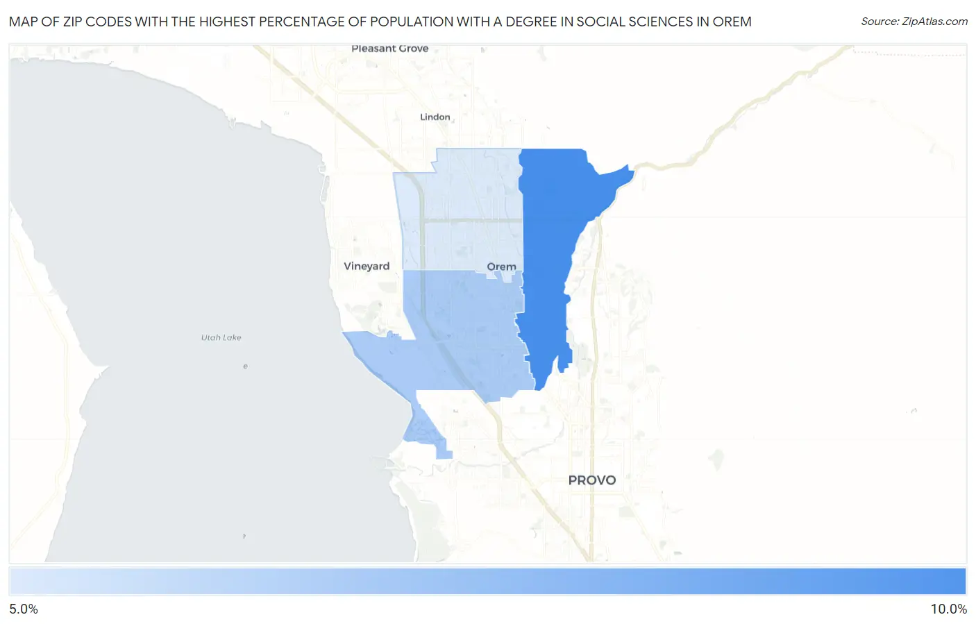 Zip Codes with the Highest Percentage of Population with a Degree in Social Sciences in Orem Map