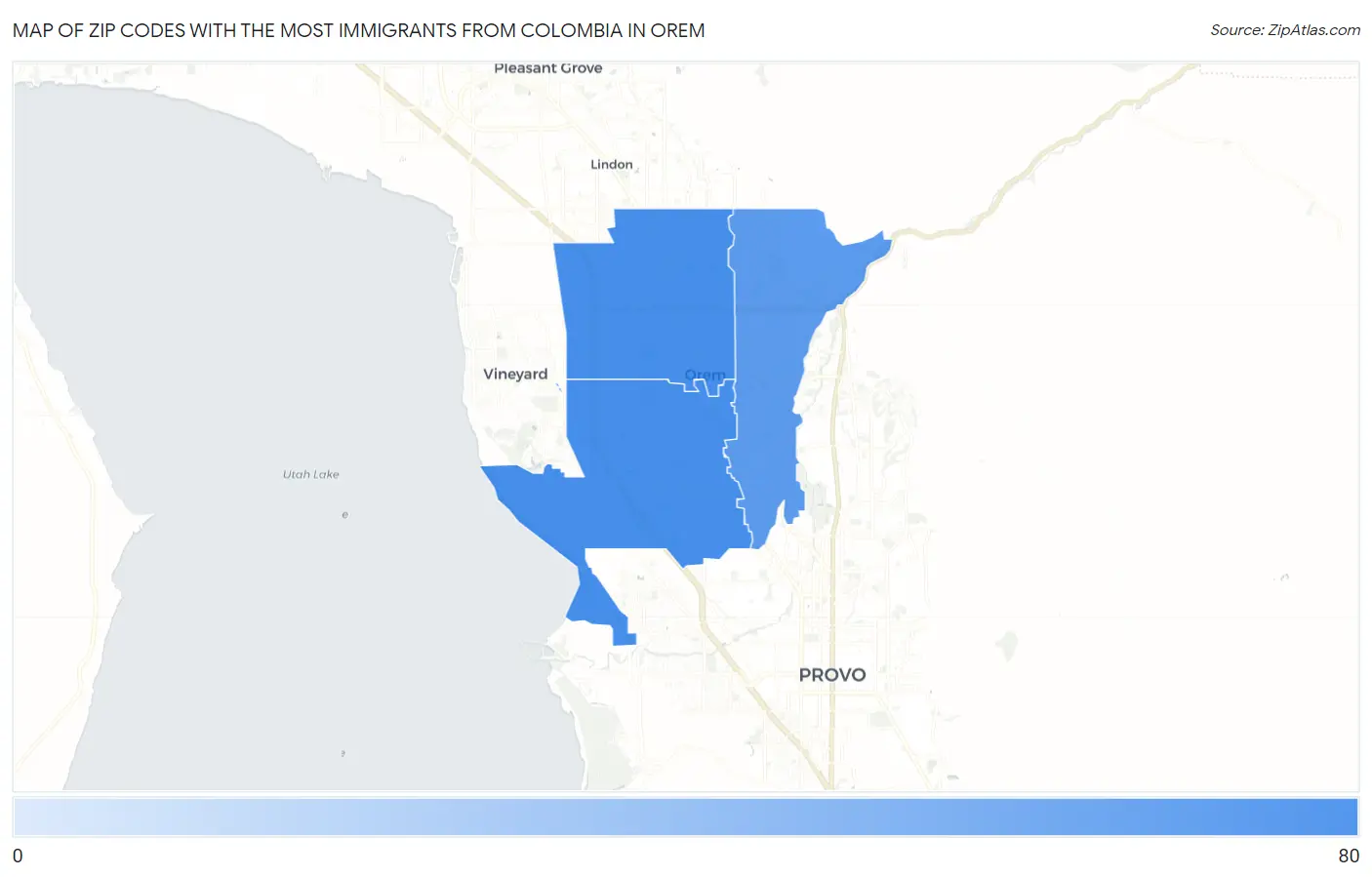 Zip Codes with the Most Immigrants from Colombia in Orem Map