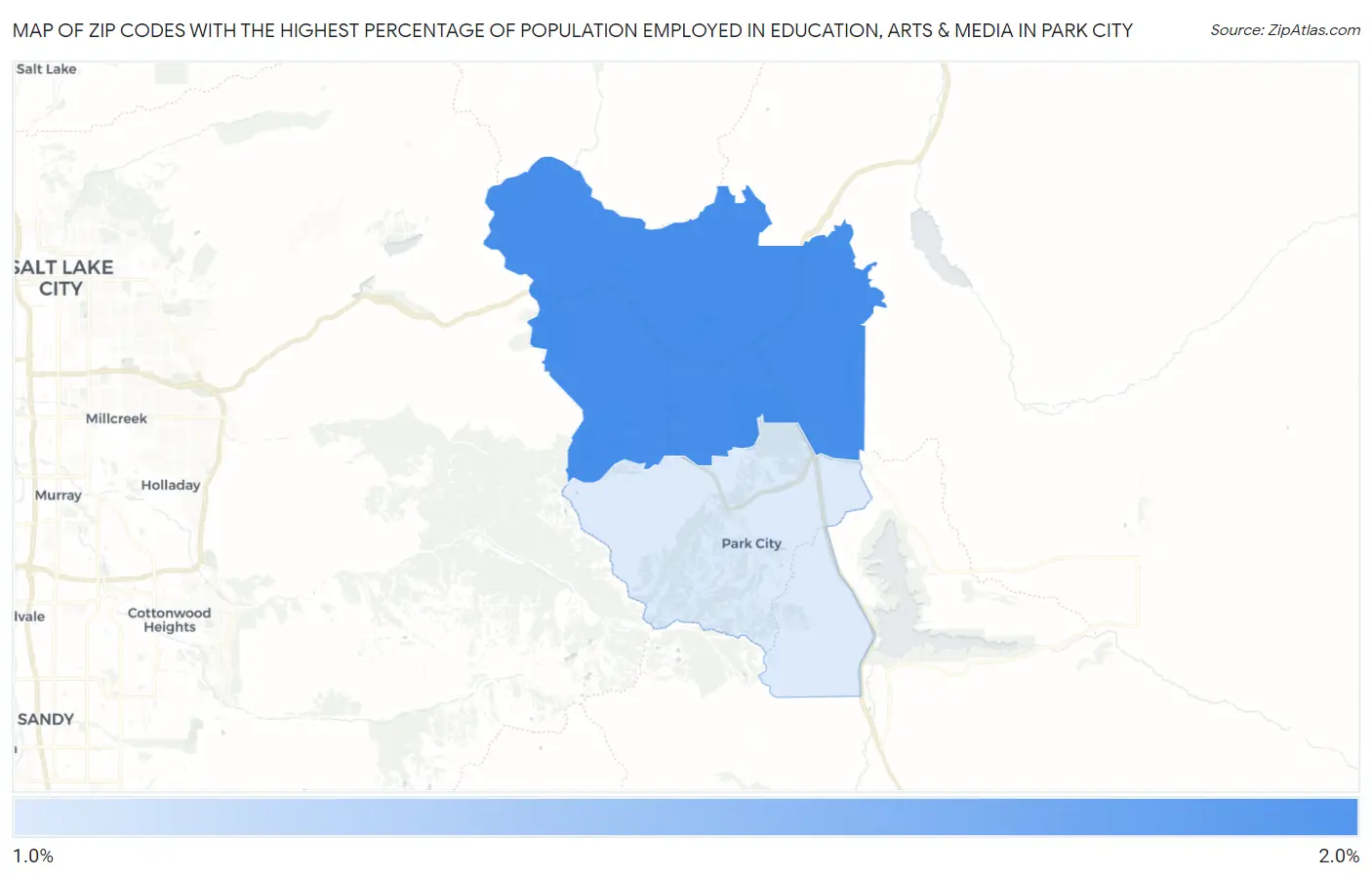 Zip Codes with the Highest Percentage of Population Employed in Education, Arts & Media in Park City Map