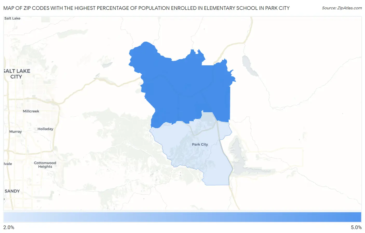 Zip Codes with the Highest Percentage of Population Enrolled in Elementary School in Park City Map