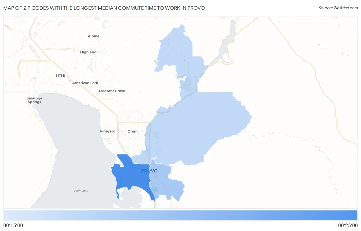 Zip Codes with the Longest Median Commute Time to Work in Provo Map