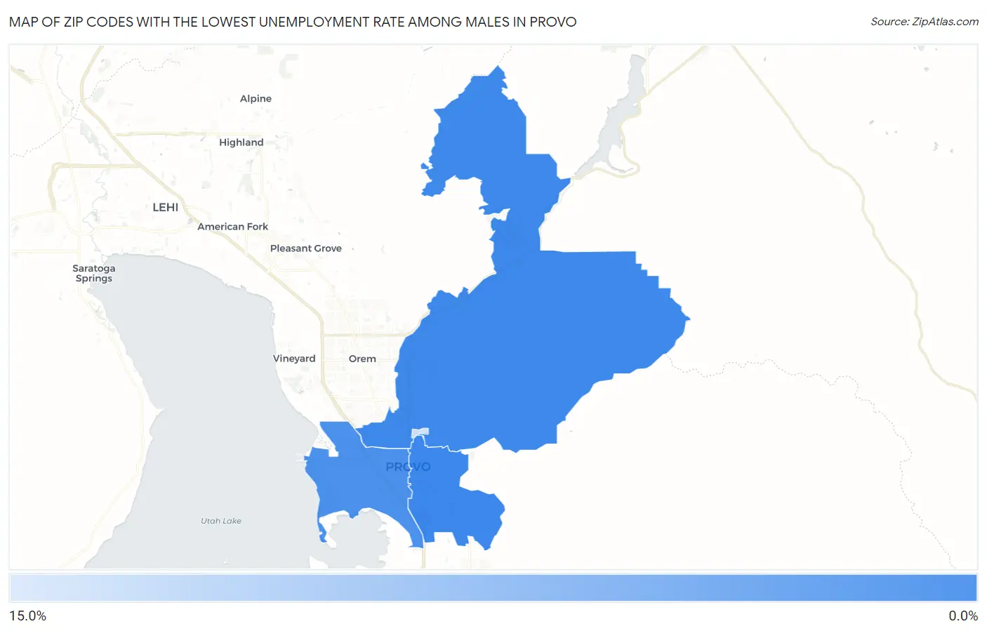 Zip Codes with the Lowest Unemployment Rate Among Males in Provo Map