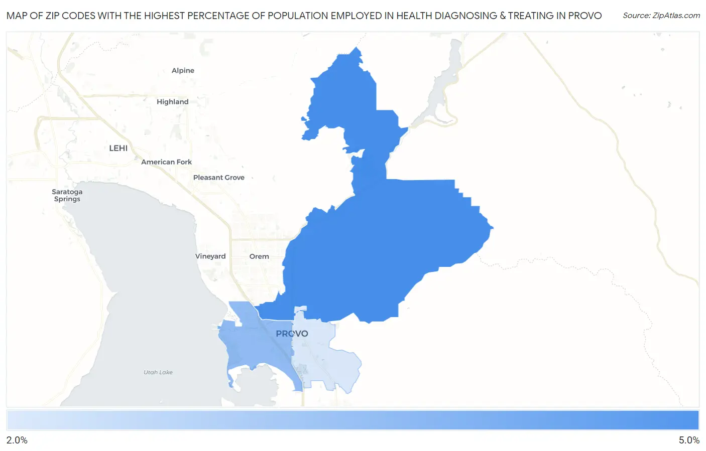Zip Codes with the Highest Percentage of Population Employed in Health Diagnosing & Treating in Provo Map
