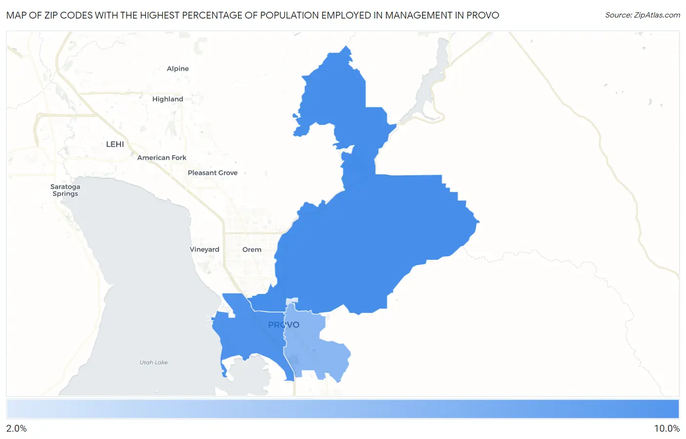 Zip Codes with the Highest Percentage of Population Employed in Management in Provo Map
