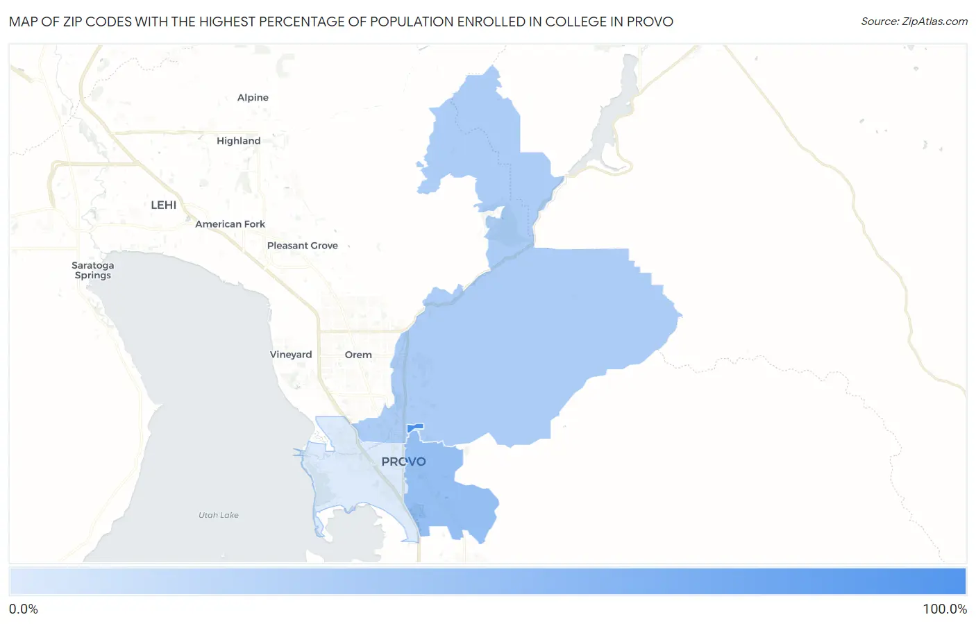 Zip Codes with the Highest Percentage of Population Enrolled in College in Provo Map