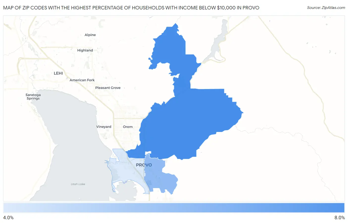 Zip Codes with the Highest Percentage of Households with Income Below $10,000 in Provo Map