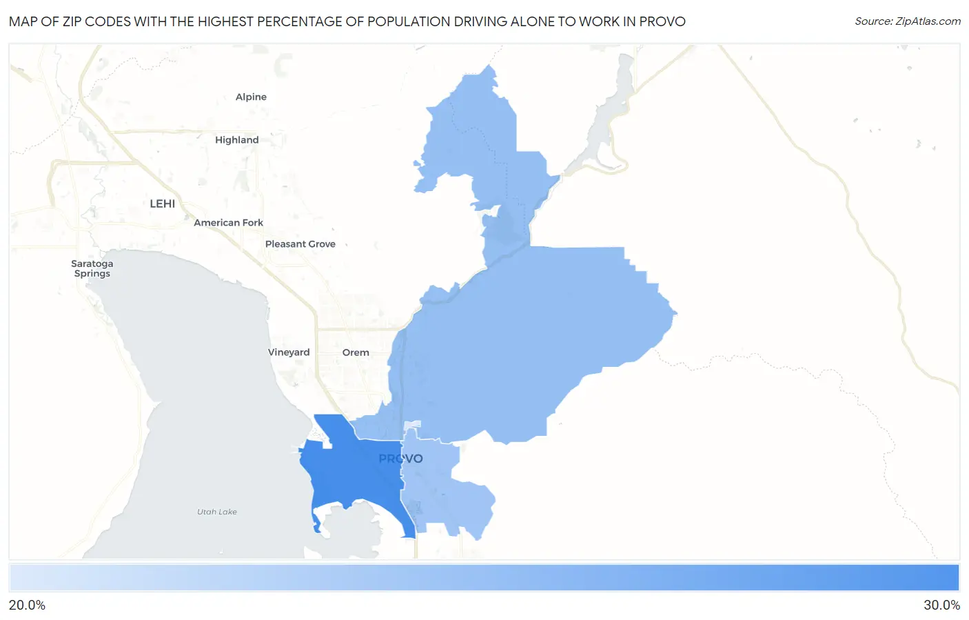 Zip Codes with the Highest Percentage of Population Driving Alone to Work in Provo Map