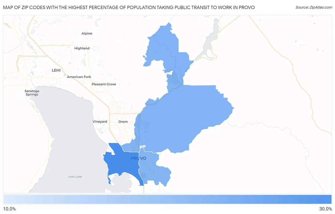 Zip Codes with the Highest Percentage of Population Taking Public Transit to Work in Provo Map