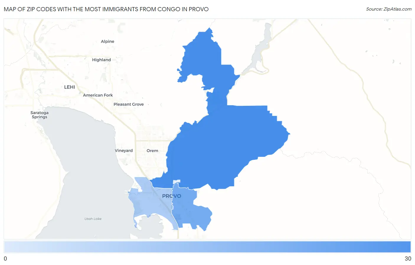 Zip Codes with the Most Immigrants from Congo in Provo Map
