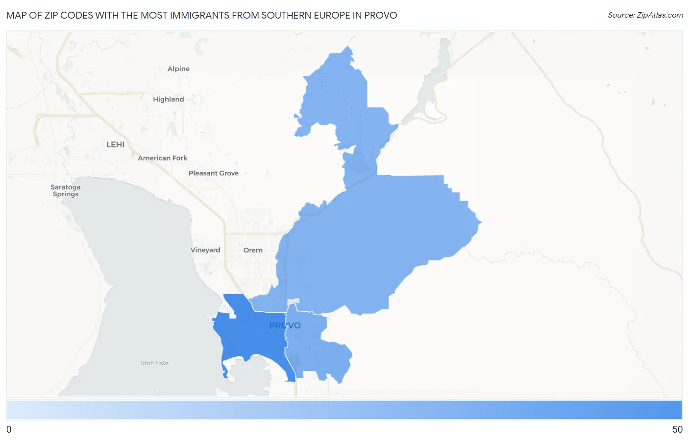 Zip Codes with the Most Immigrants from Southern Europe in Provo Map