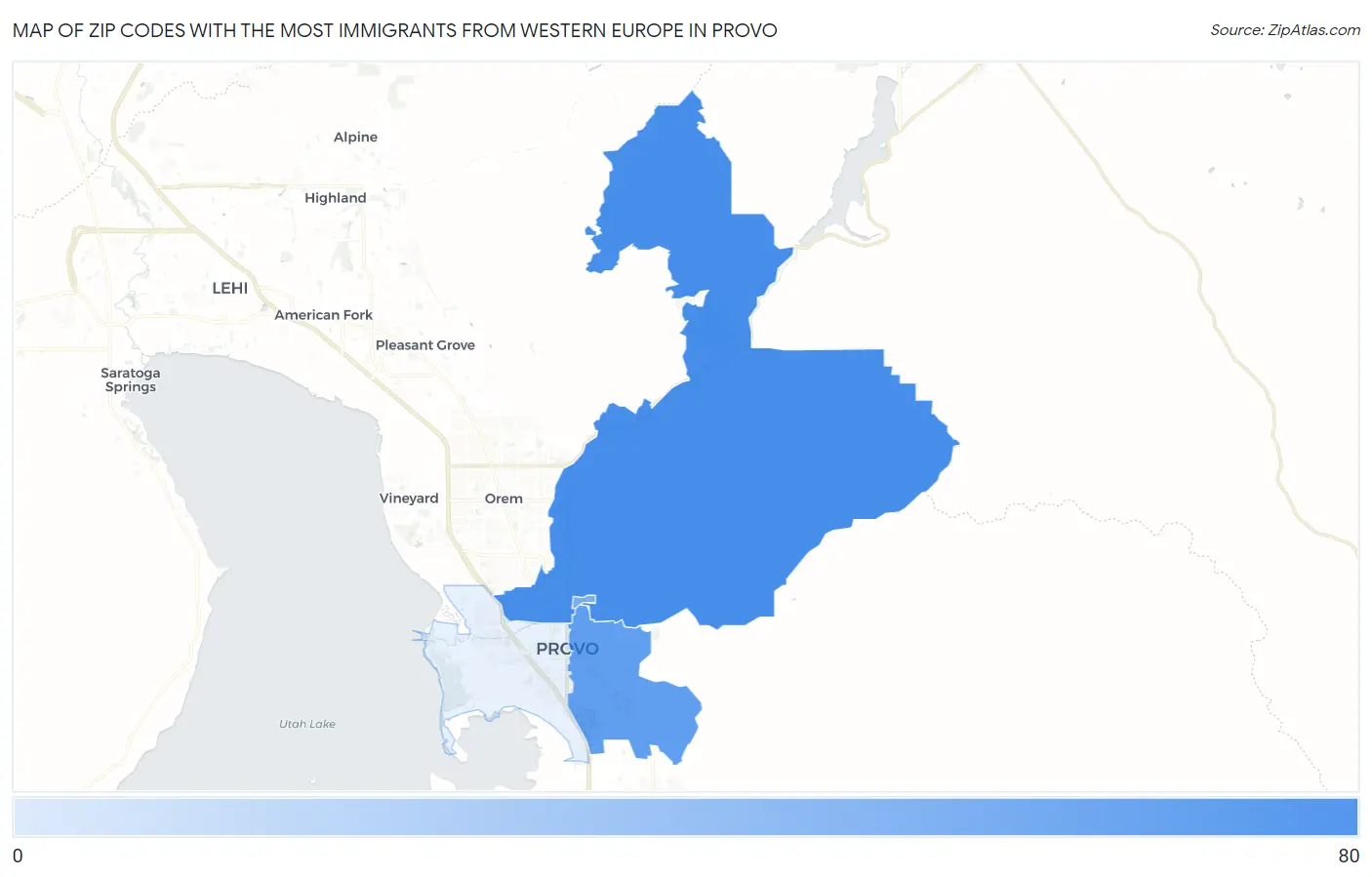 Zip Codes with the Most Immigrants from Western Europe in Provo Map