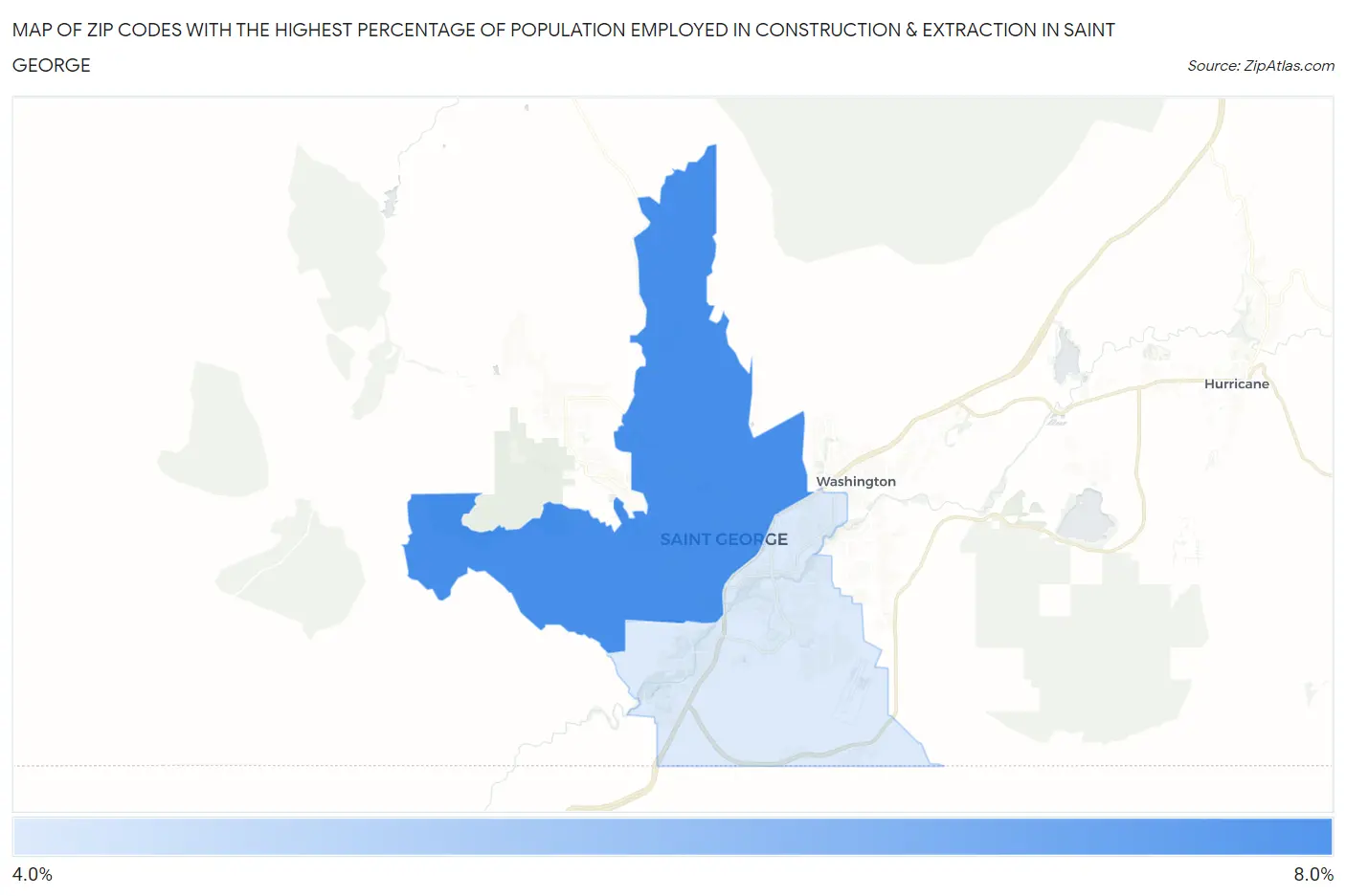Zip Codes with the Highest Percentage of Population Employed in Construction & Extraction in Saint George Map