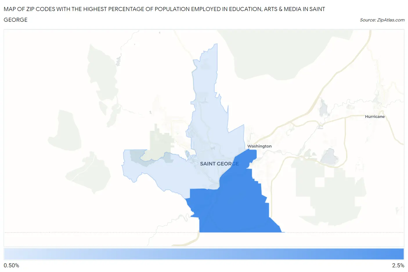 Zip Codes with the Highest Percentage of Population Employed in Education, Arts & Media in Saint George Map