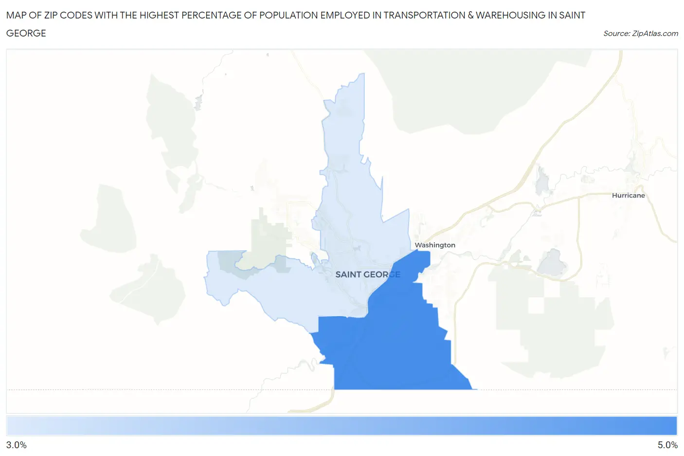 Zip Codes with the Highest Percentage of Population Employed in Transportation & Warehousing in Saint George Map