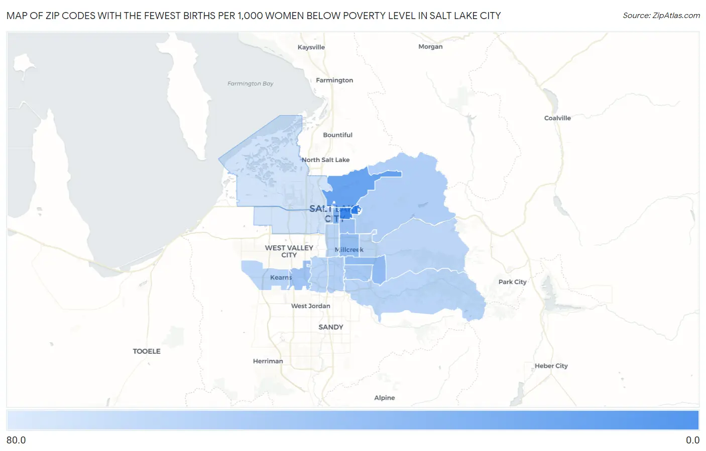Zip Codes with the Fewest Births per 1,000 Women Below Poverty Level in Salt Lake City Map