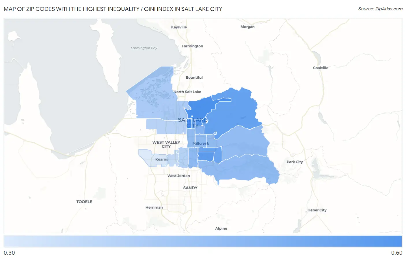 Zip Codes with the Highest Inequality / Gini Index in Salt Lake City Map