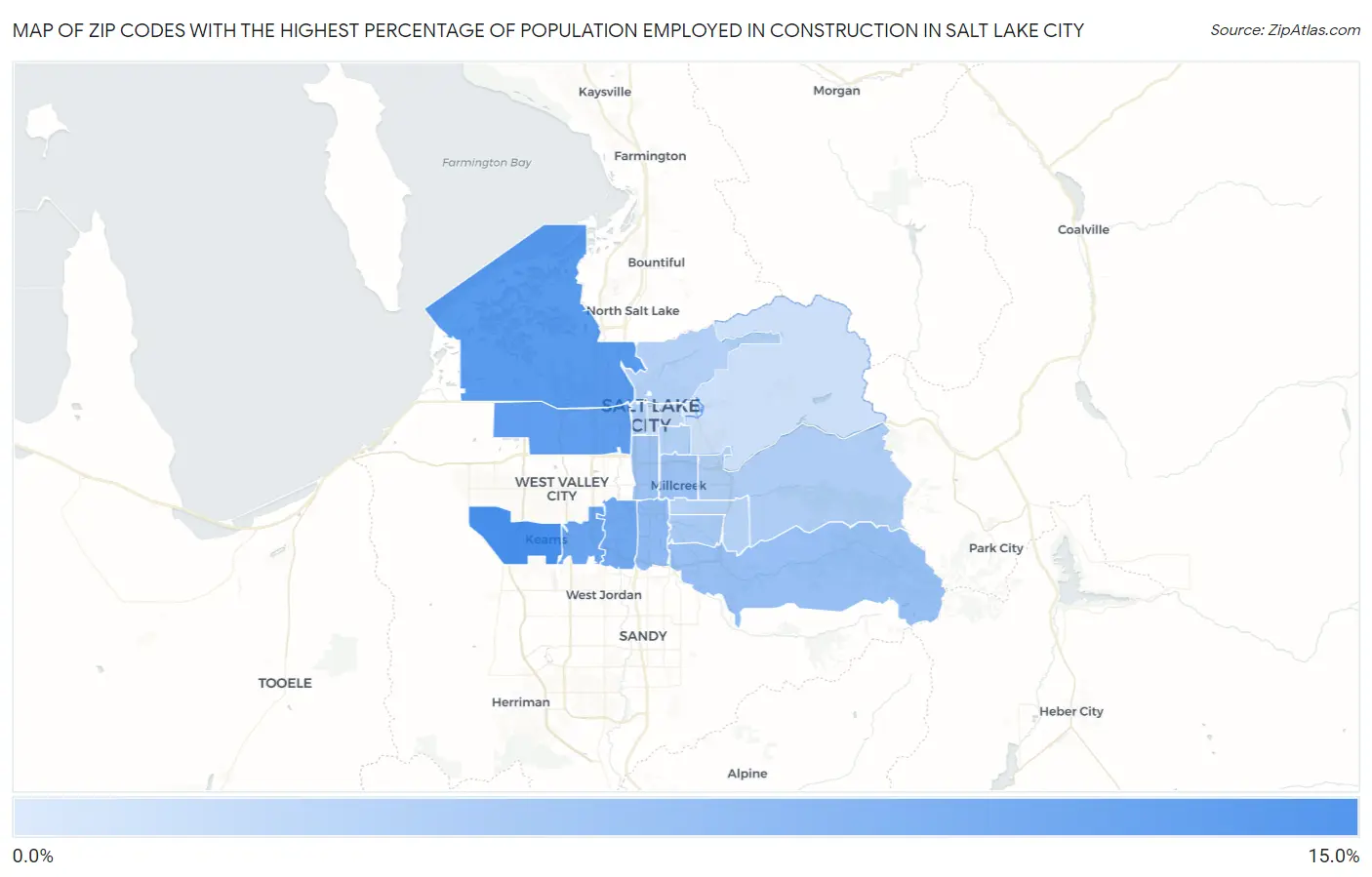 Zip Codes with the Highest Percentage of Population Employed in Construction in Salt Lake City Map