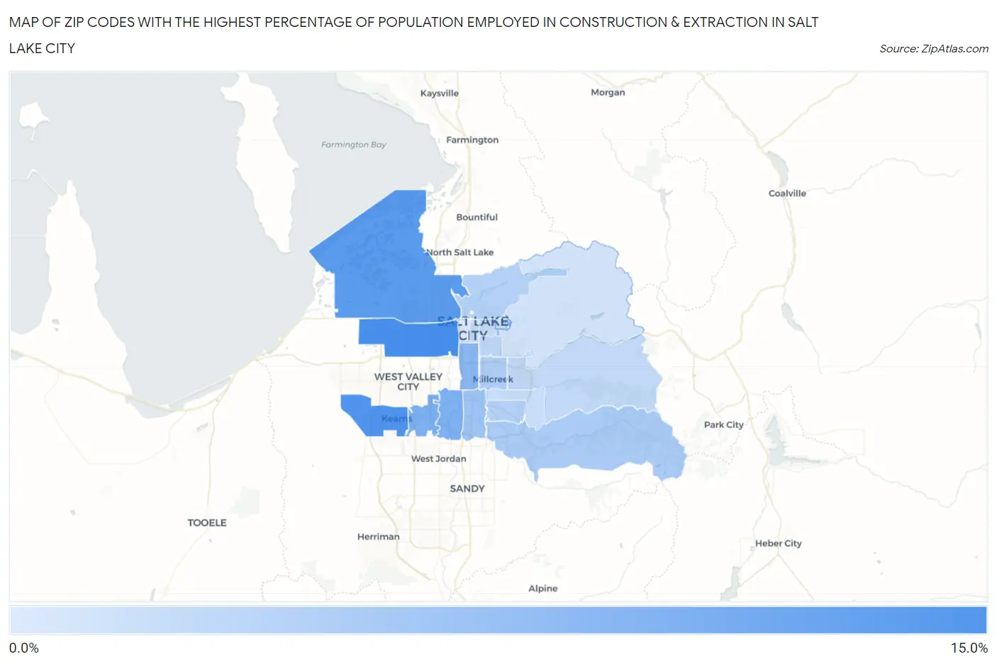 Zip Codes with the Highest Percentage of Population Employed in Construction & Extraction in Salt Lake City Map