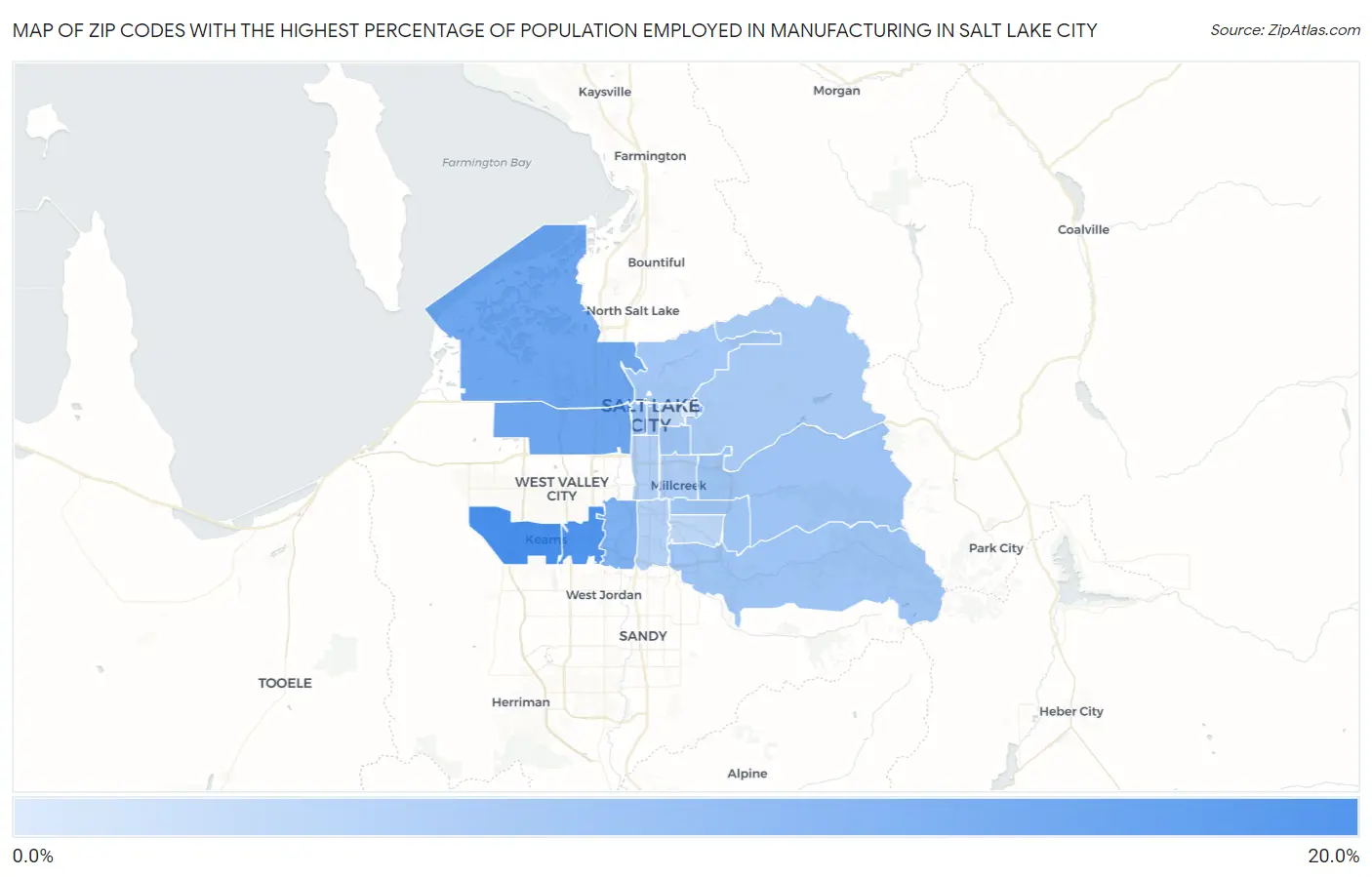 Zip Codes with the Highest Percentage of Population Employed in Manufacturing in Salt Lake City Map