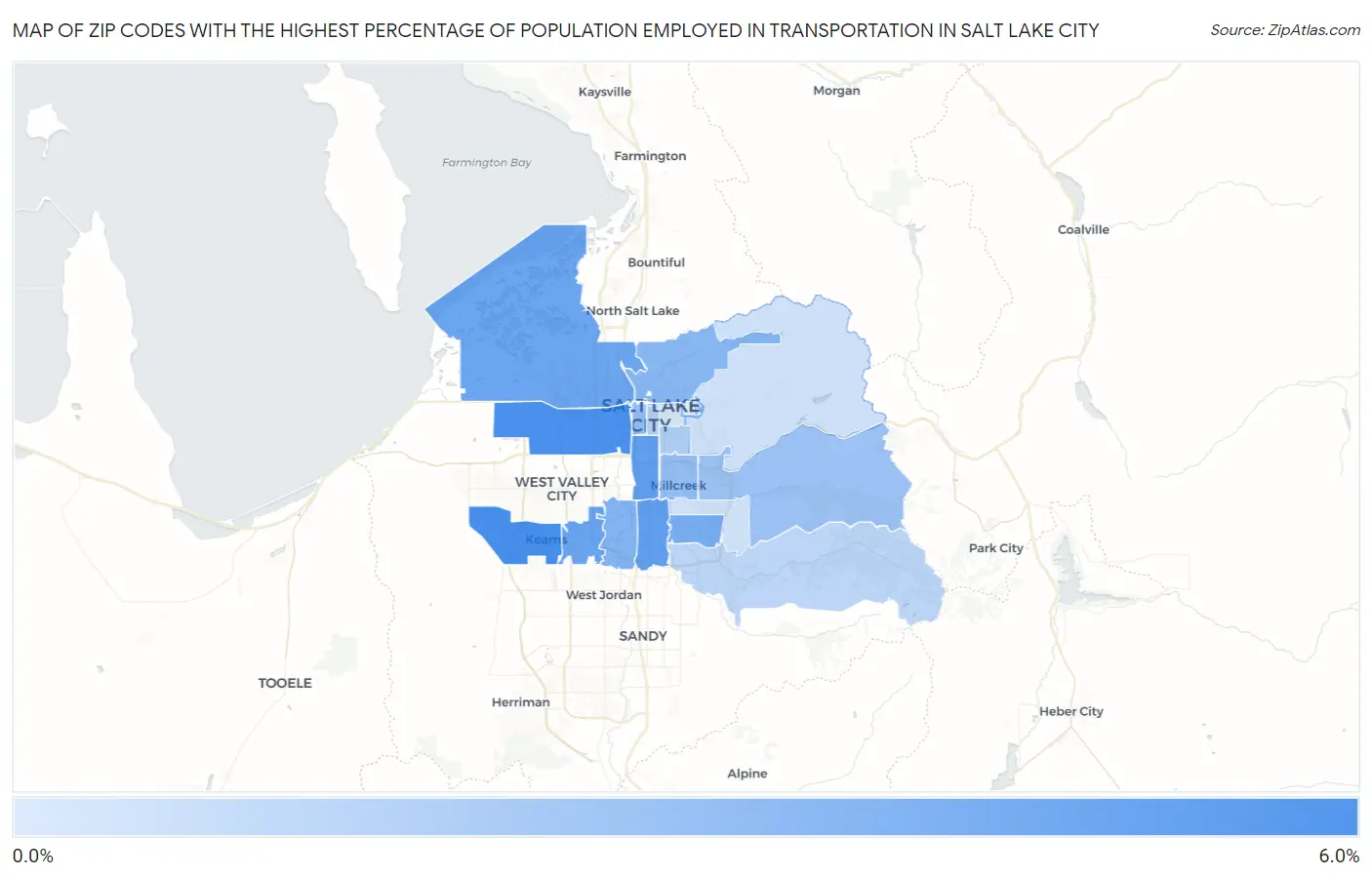 Zip Codes with the Highest Percentage of Population Employed in Transportation in Salt Lake City Map