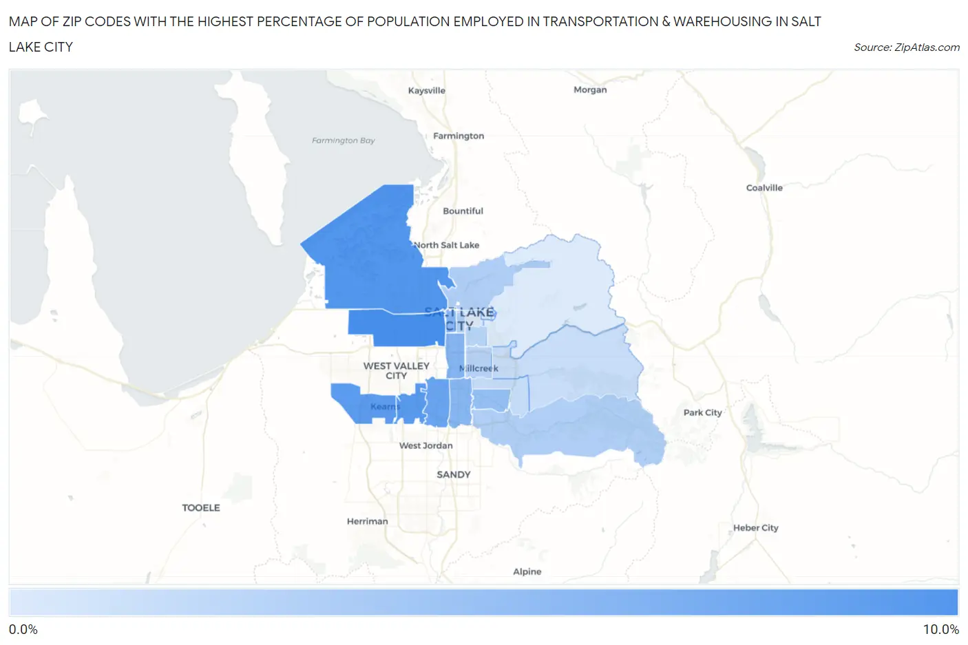 Zip Codes with the Highest Percentage of Population Employed in Transportation & Warehousing in Salt Lake City Map