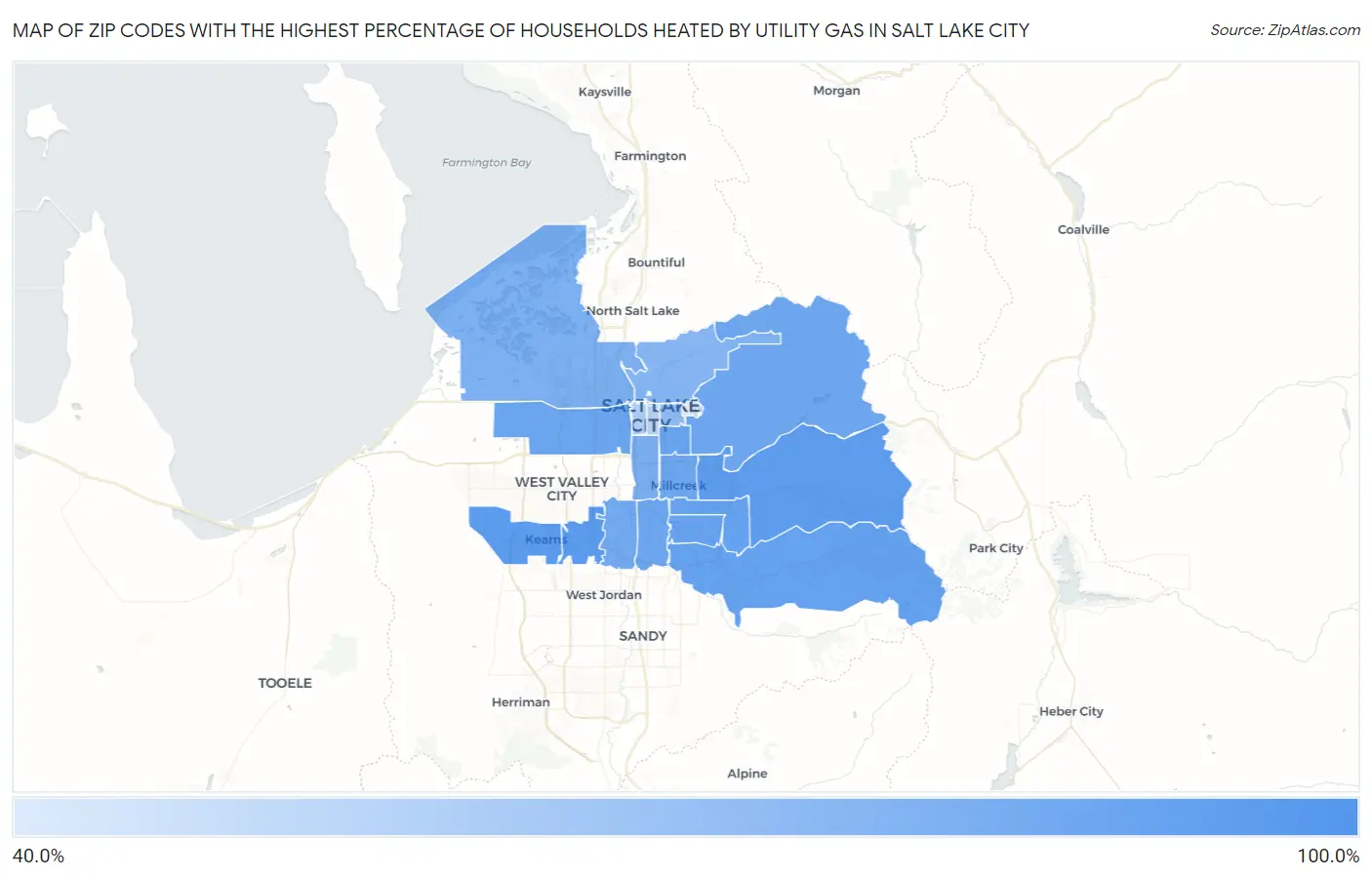 Zip Codes with the Highest Percentage of Households Heated by Utility Gas in Salt Lake City Map