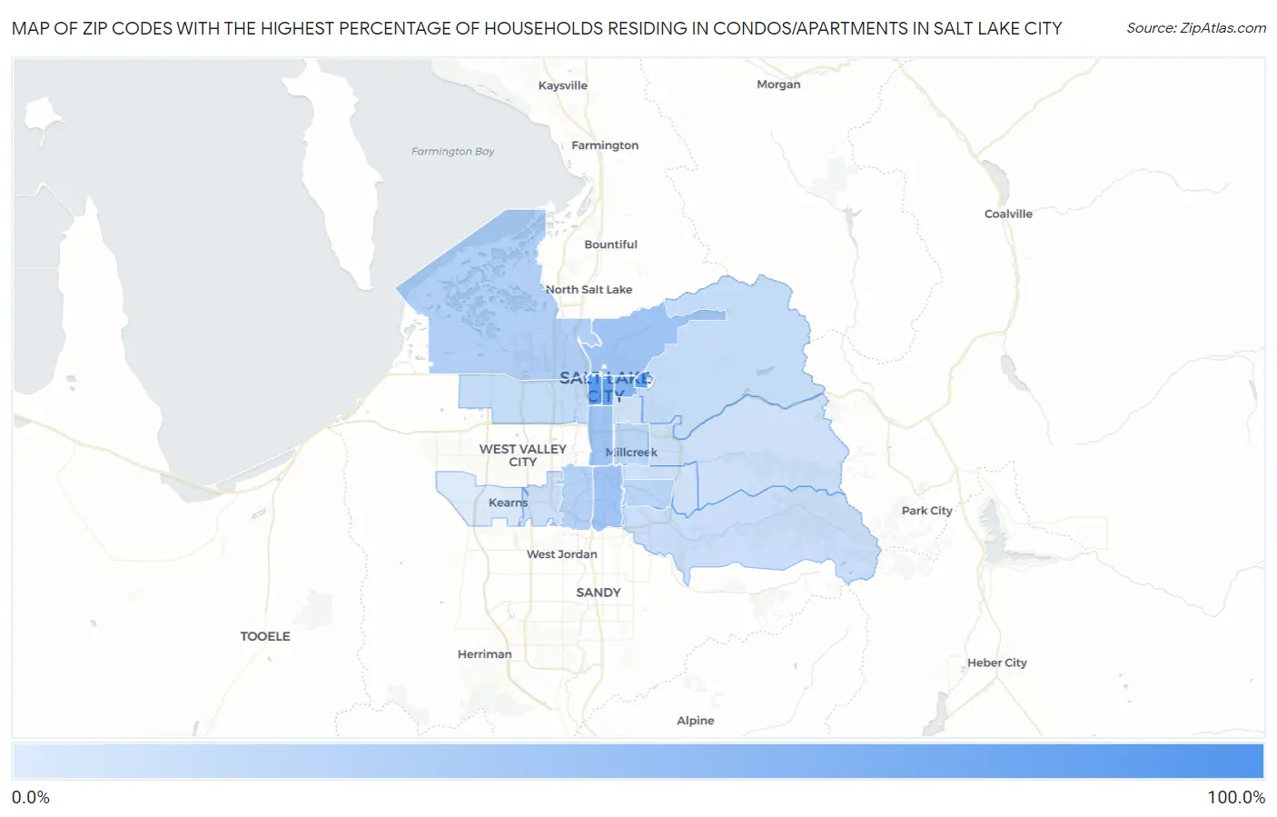 Zip Codes with the Highest Percentage of Households Residing in Condos/Apartments in Salt Lake City Map