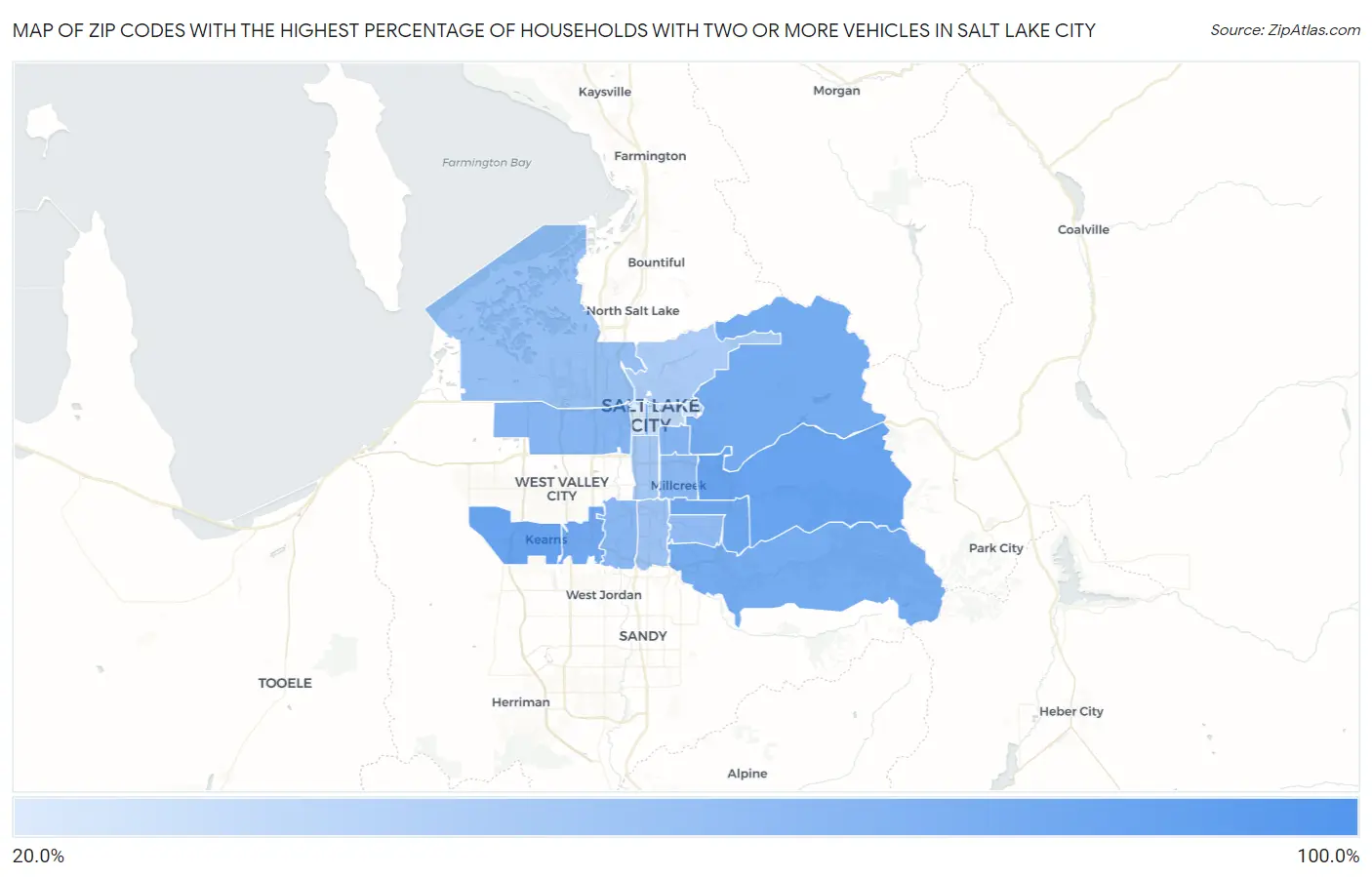 Zip Codes with the Highest Percentage of Households With Two or more Vehicles in Salt Lake City Map