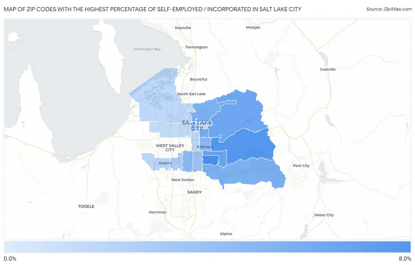 Zip Codes with the Highest Percentage of Self-Employed / Incorporated in Salt Lake City Map