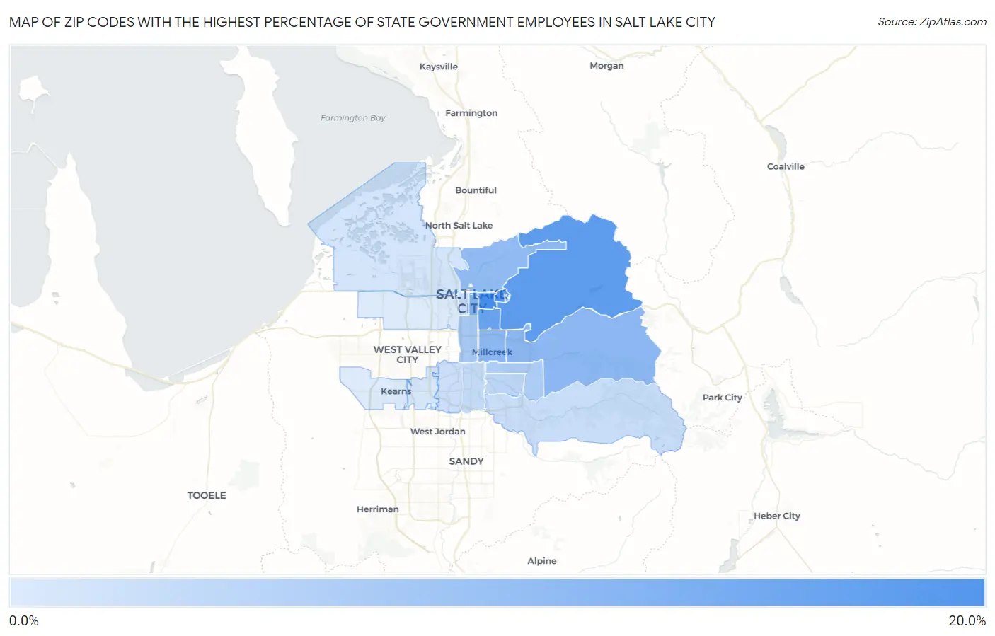 Zip Codes with the Highest Percentage of State Government Employees in Salt Lake City Map