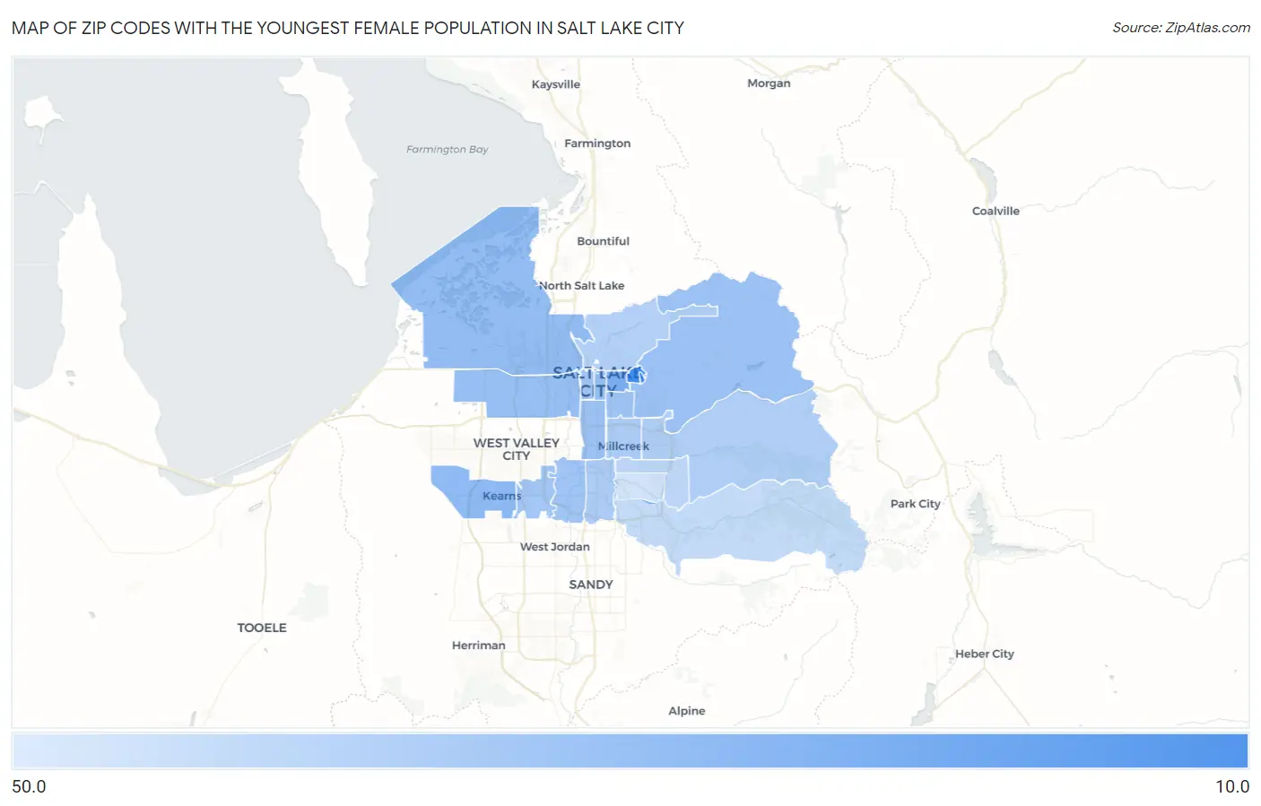 Zip Codes with the Youngest Female Population in Salt Lake City Map