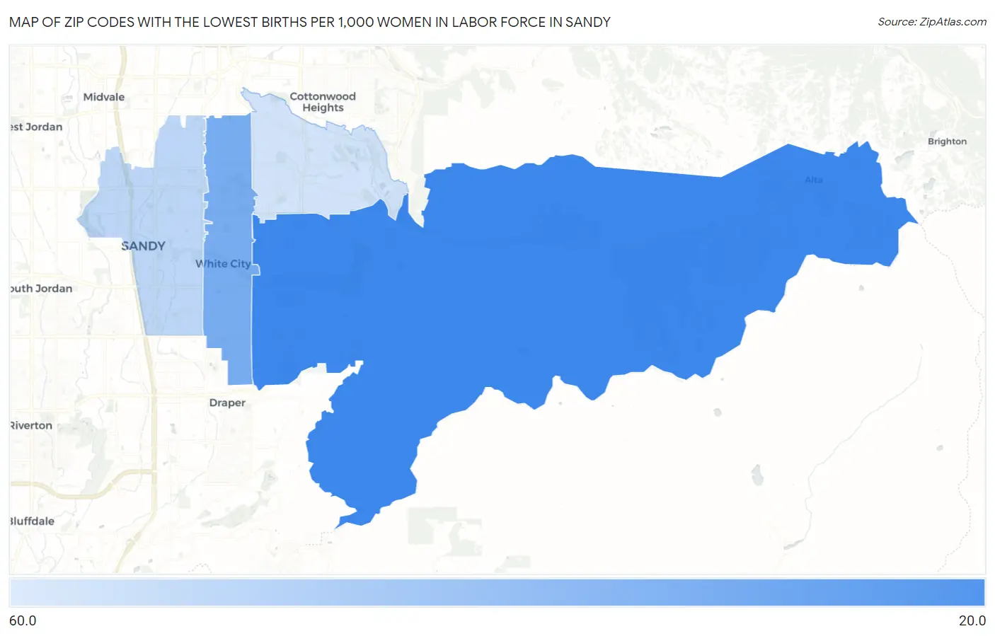 Zip Codes with the Lowest Births per 1,000 Women in Labor Force in Sandy Map